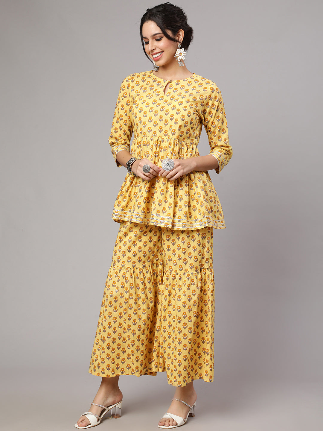 SAK JAIPUR Floral Printed Keyhole Neck Pure Cotton Kurti with Sharara & With Dupatta