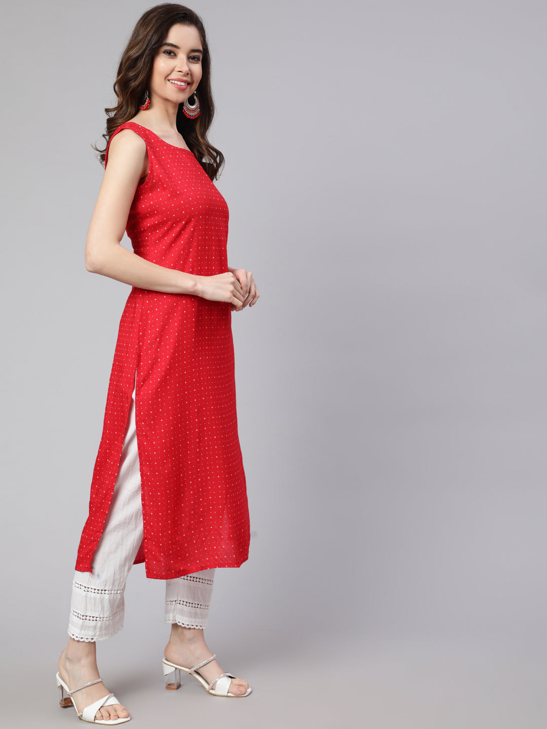 SAK Jaipur Women Printed Rayon Sleeveless Round Neck Calf Length Straight Kurta (Red)