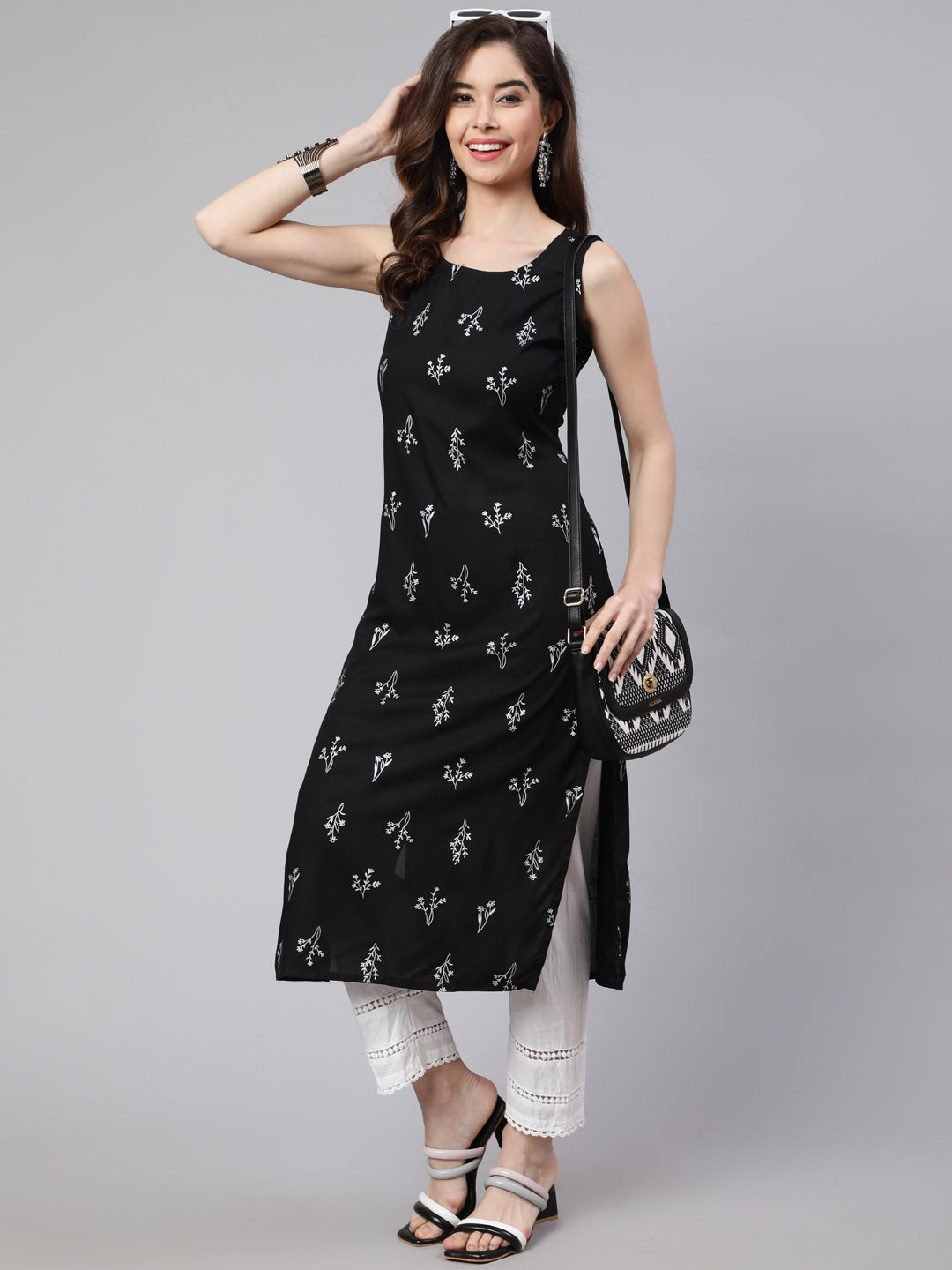 SAK Jaipur Women Printed Rayon Sleeveless Round Neck Calf Length Straight Kurta (Black)