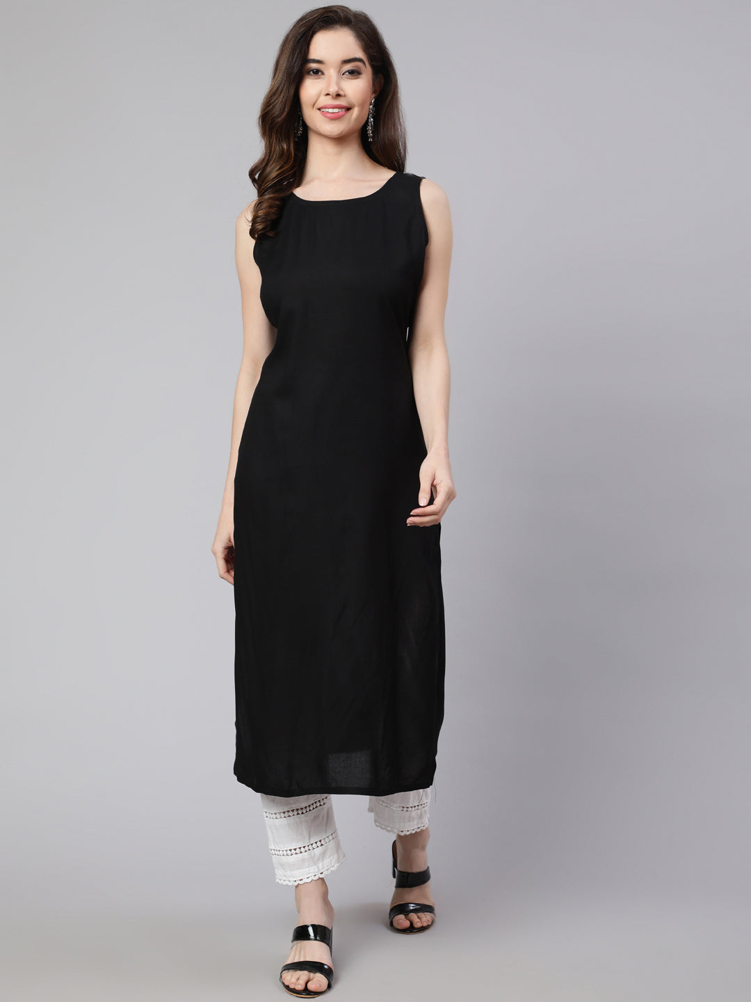 SAK Jaipur Women Solid Rayon Sleeveless Round Neck Calf Length Straight Kurta (Black)