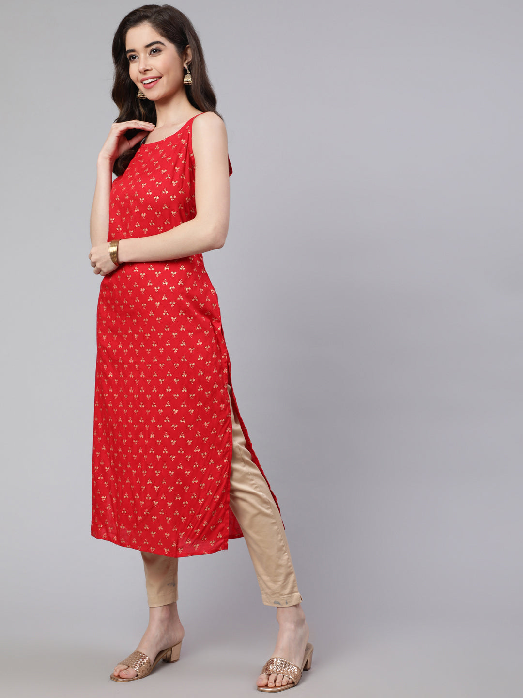 SAK Jaipur Women Printed Rayon Sleeveless Round Neck Calf Length Straight Kurta (Red)