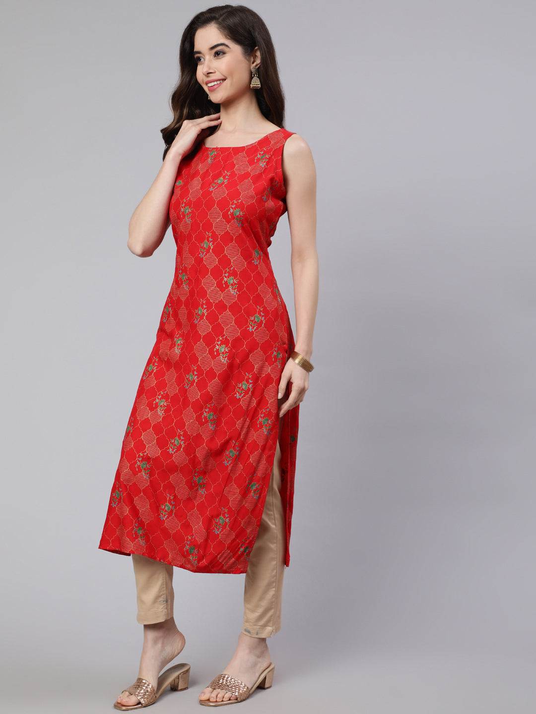 SAK Jaipur Women Printed Rayon Sleeveless Round Neck Calf Length Straight Kurta (Red)