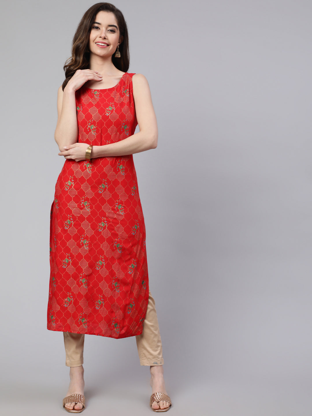 SAK Jaipur Women Printed Rayon Sleeveless Round Neck Calf Length Straight Kurta (Red)