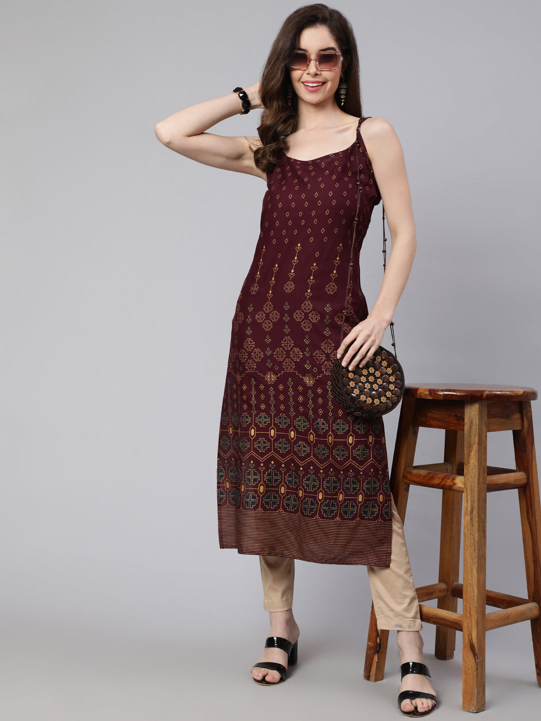 SAK Jaipur Women Printed Rayon Sleeveless Round Neck Calf Length Straight Kurta (Brown)