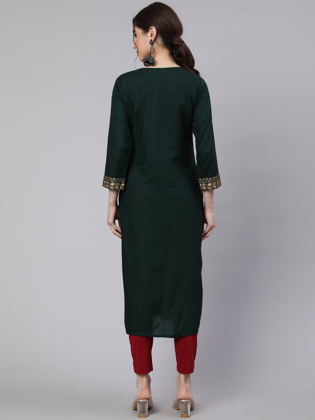 SAK Jaipur Women Printed Rayon 3/4 Sleeve Round Neck Calf Length Straight Kurta (Bottlegreen)