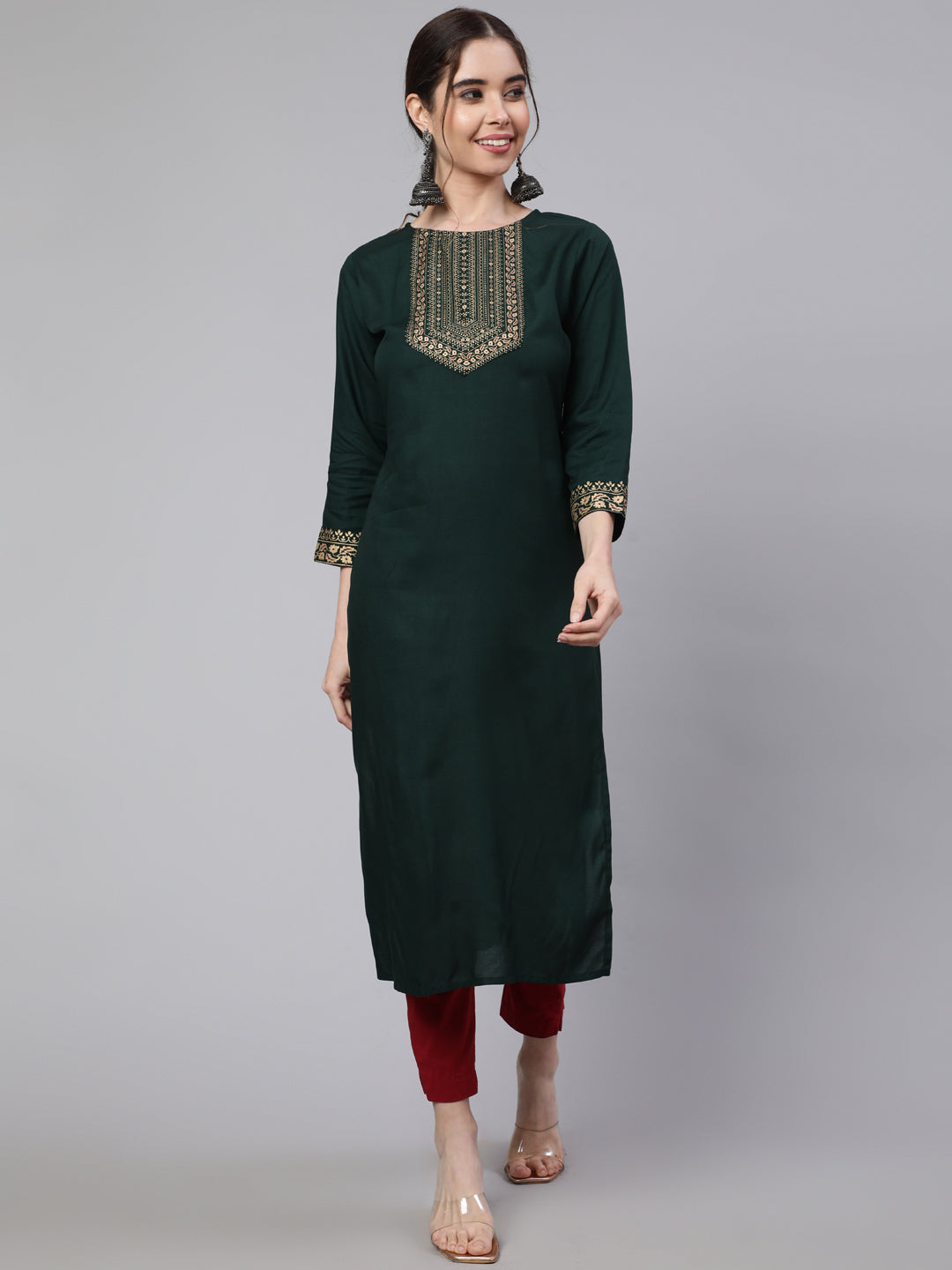 SAK Jaipur Women Printed Rayon 3/4 Sleeve Round Neck Calf Length Straight Kurta (Bottlegreen)