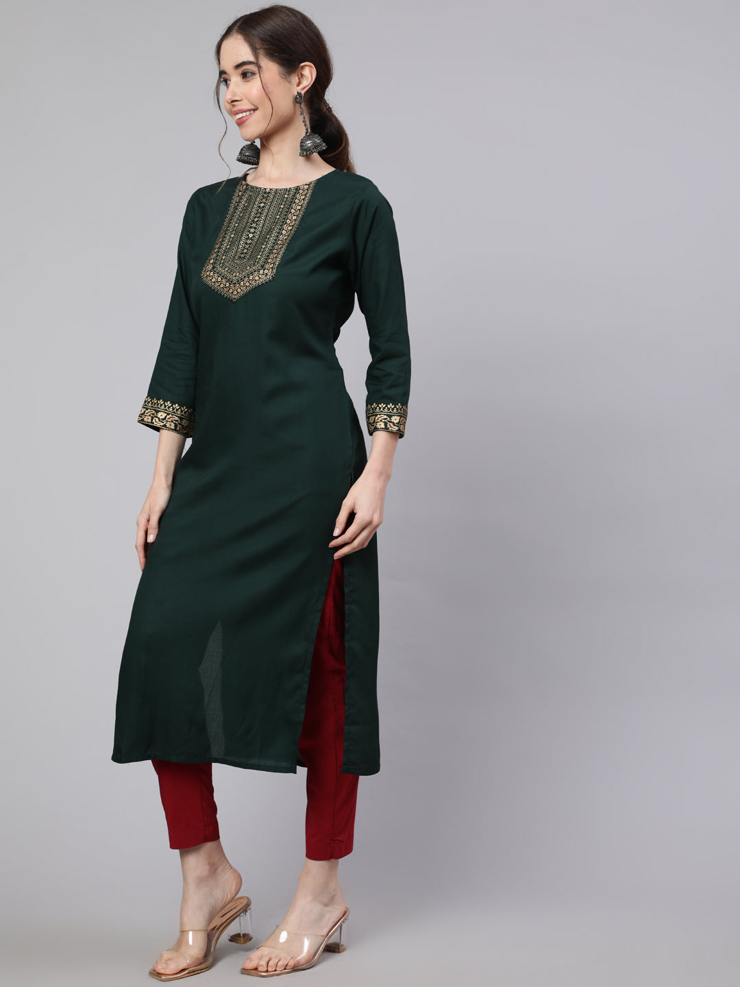 SAK Jaipur Women Printed Rayon 3/4 Sleeve Round Neck Calf Length Straight Kurta (Bottlegreen)