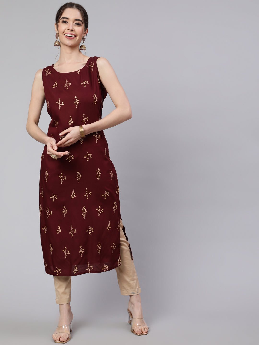 SAK Jaipur Women Printed Rayon Sleeveless Round Neck Calf Length Straight Kurta (Maroon)