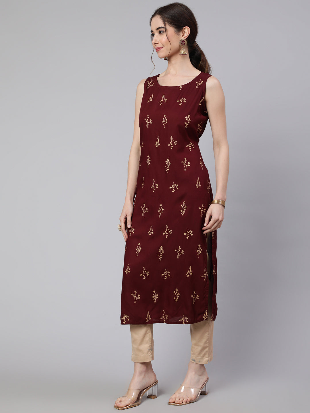 SAK Jaipur Women Printed Rayon Sleeveless Round Neck Calf Length Straight Kurta (Maroon)