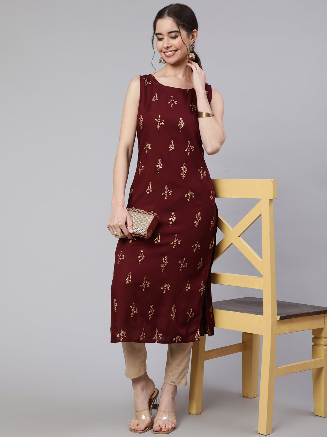 SAK Jaipur Women Printed Rayon Sleeveless Round Neck Calf Length Straight Kurta (Maroon)