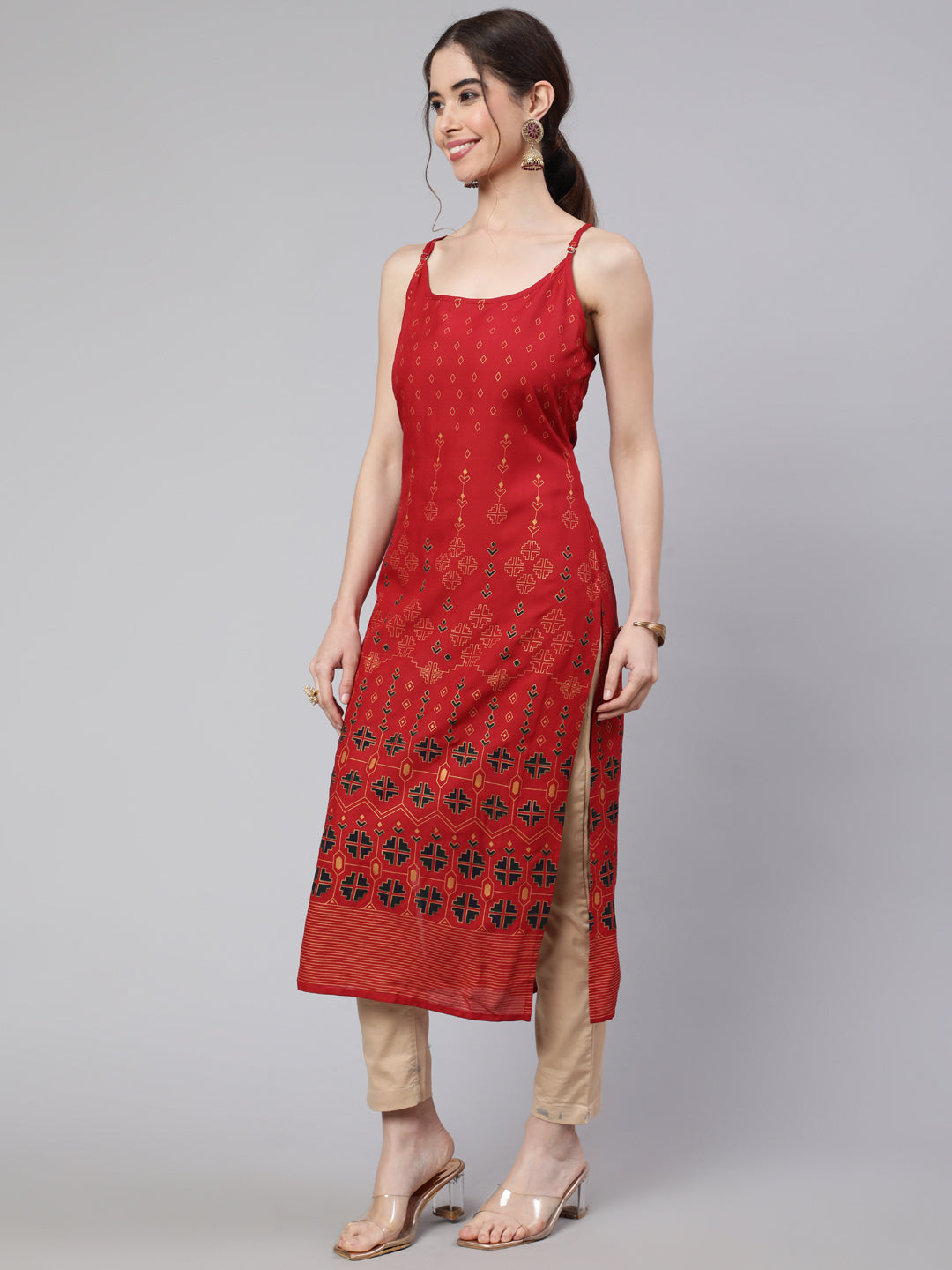 SAK Jaipur Women Printed Rayon Sleeveless Round Neck Calf Length Straight Kurta (Red)