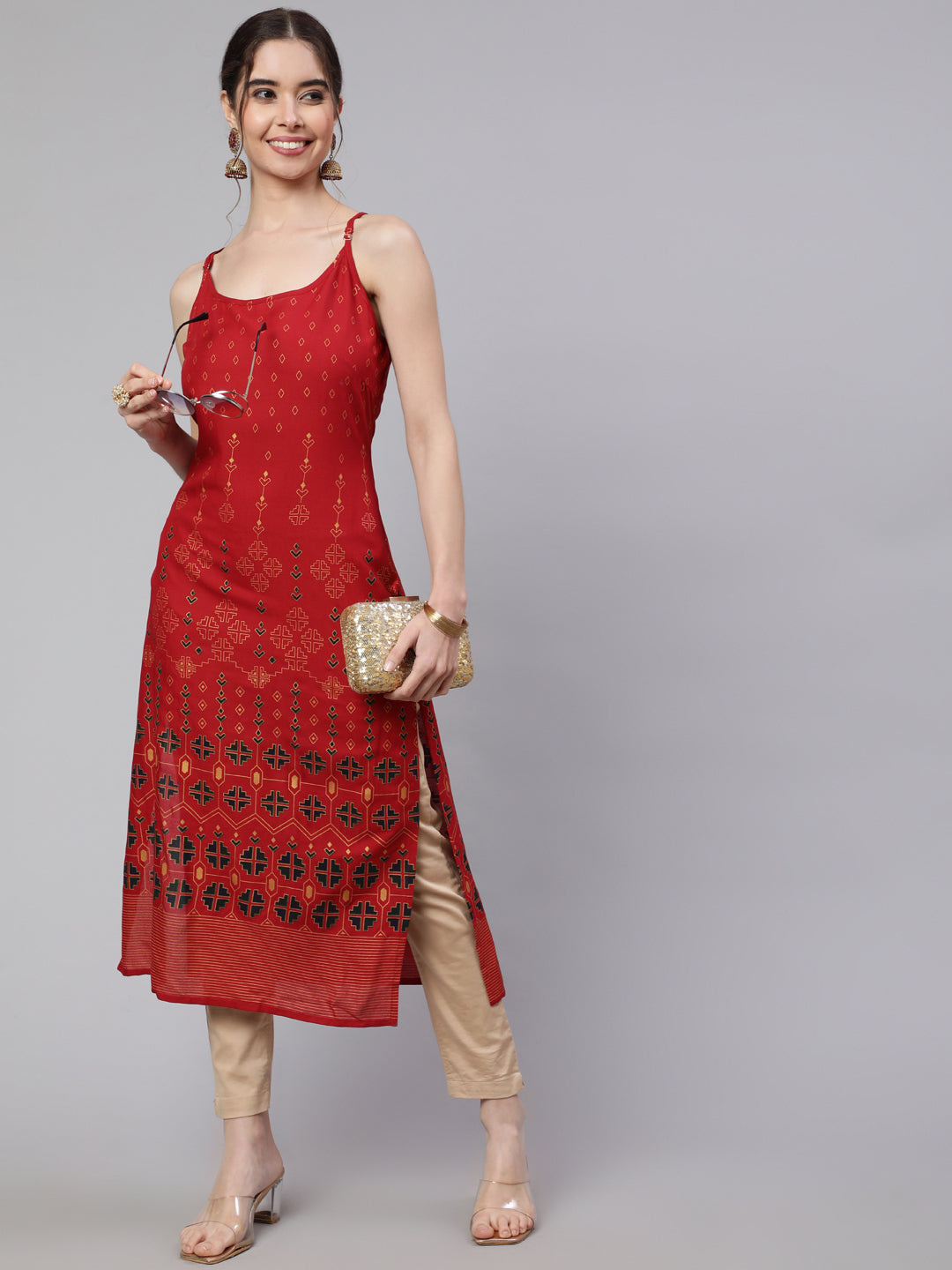 SAK Jaipur Women Printed Rayon Sleeveless Round Neck Calf Length Straight Kurta (Red)