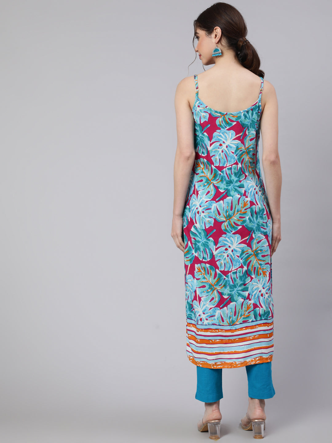 SAK Jaipur Women Printed Rayon Sleeveless Round Neck Calf Length Straight Kurta (Blue)