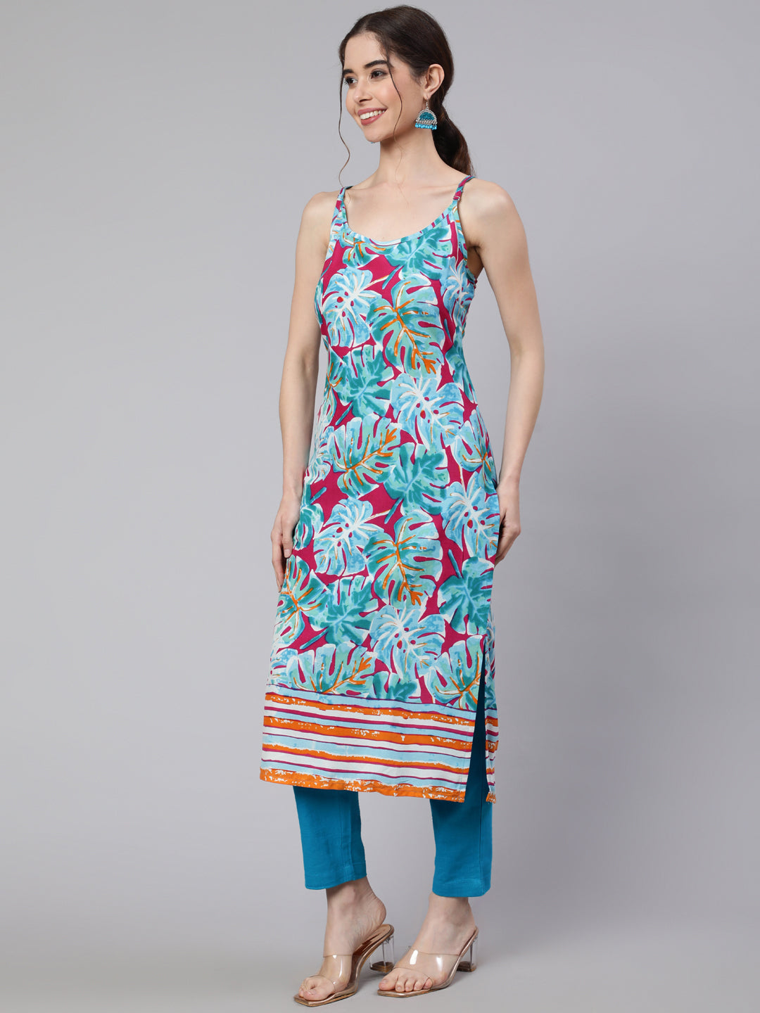 SAK Jaipur Women Printed Rayon Sleeveless Round Neck Calf Length Straight Kurta (Blue)