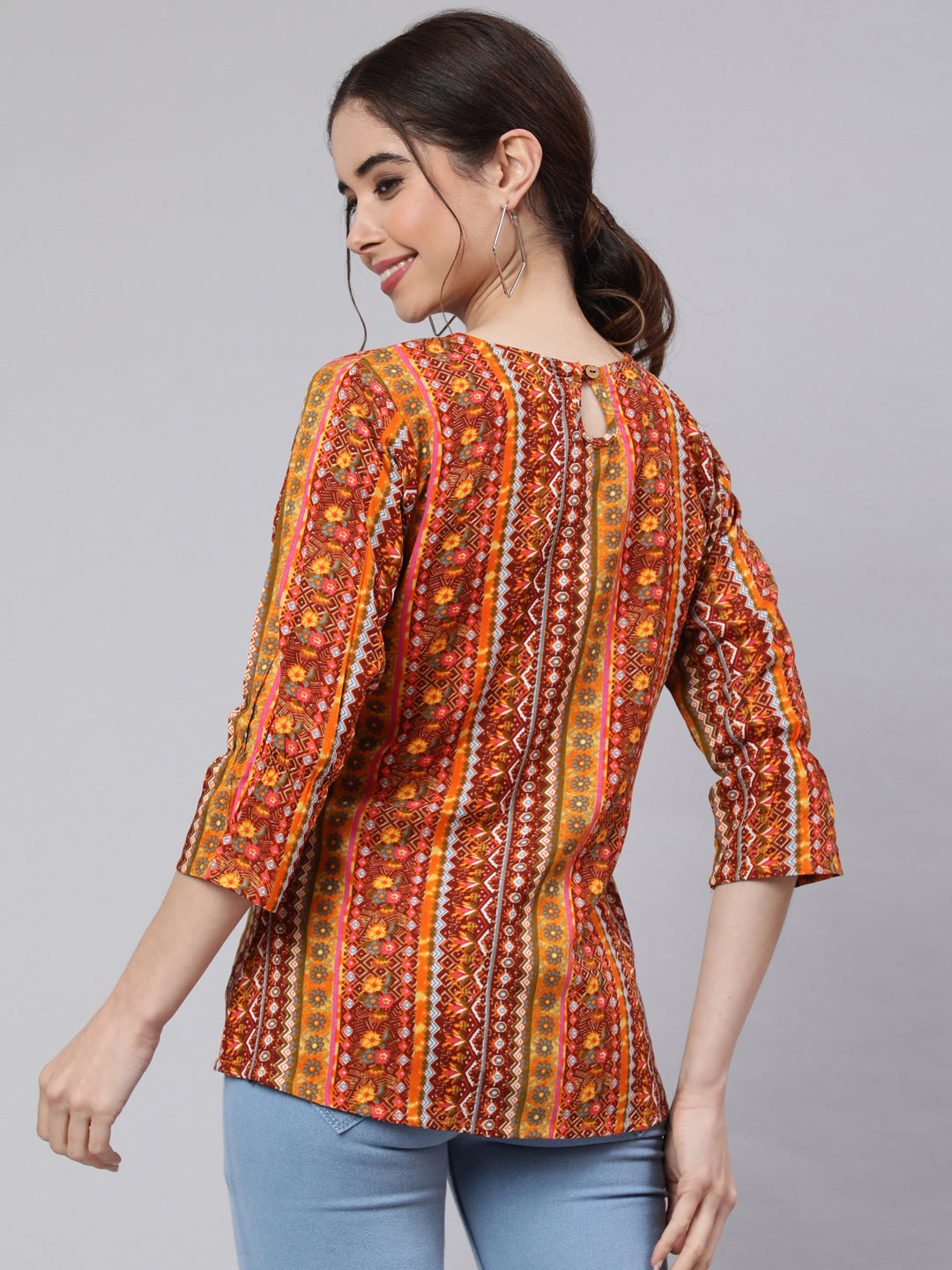 SAK Jaipur Women Printed Rayon 3/4 sleeve Round Neck Top (Orange)