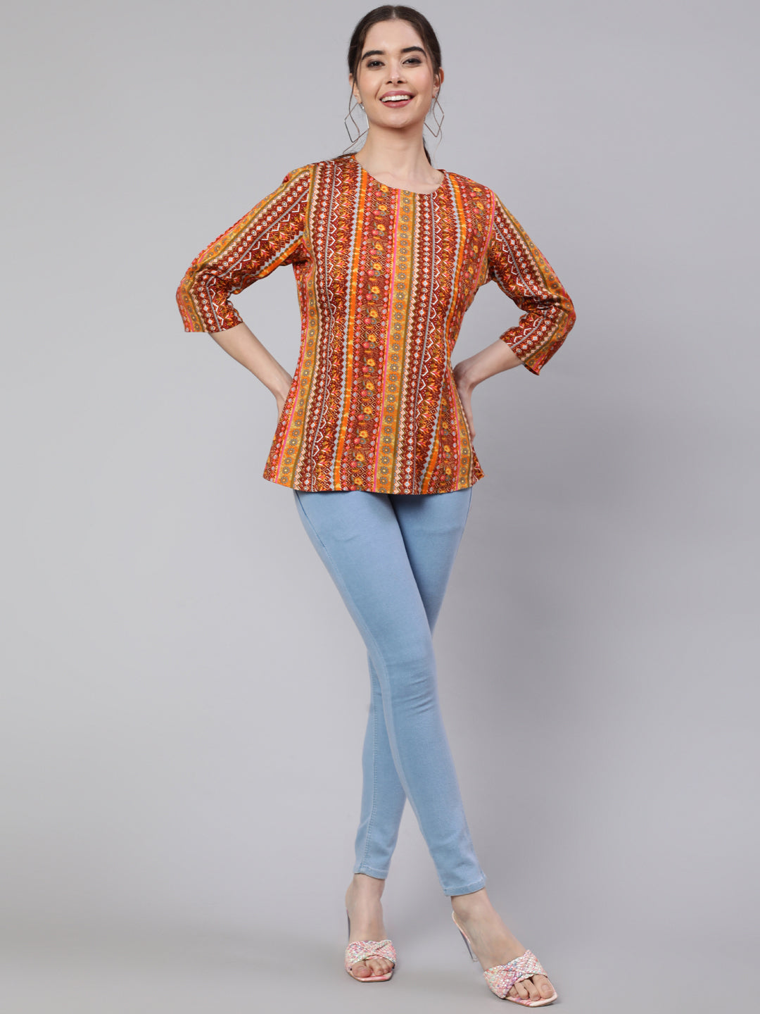 SAK Jaipur Women Printed Rayon 3/4 sleeve Round Neck Top (Orange)