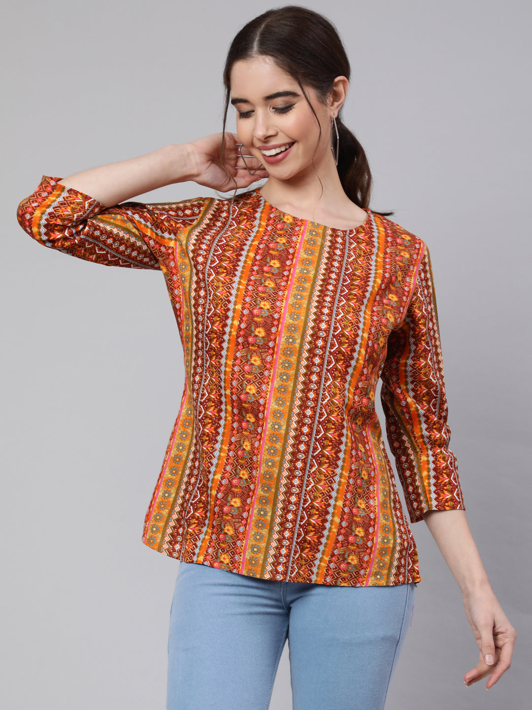 SAK Jaipur Women Printed Rayon 3/4 sleeve Round Neck Top (Orange)