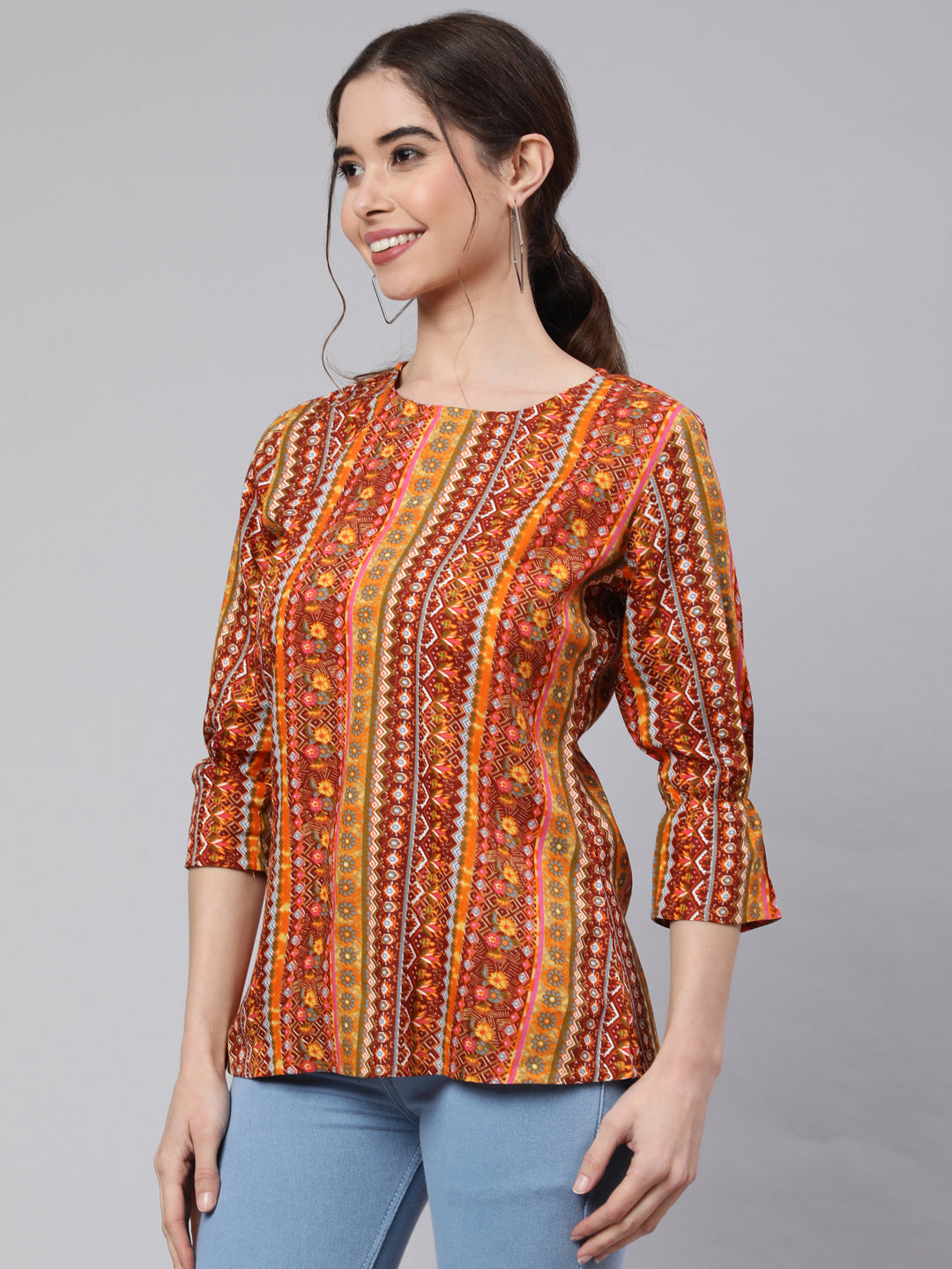 SAK Jaipur Women Printed Rayon 3/4 sleeve Round Neck Top (Orange)