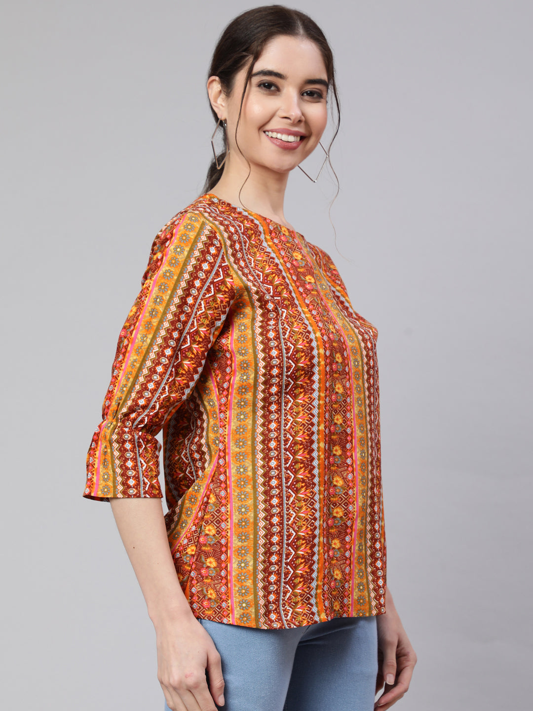 SAK Jaipur Women Printed Rayon 3/4 sleeve Round Neck Top (Orange)