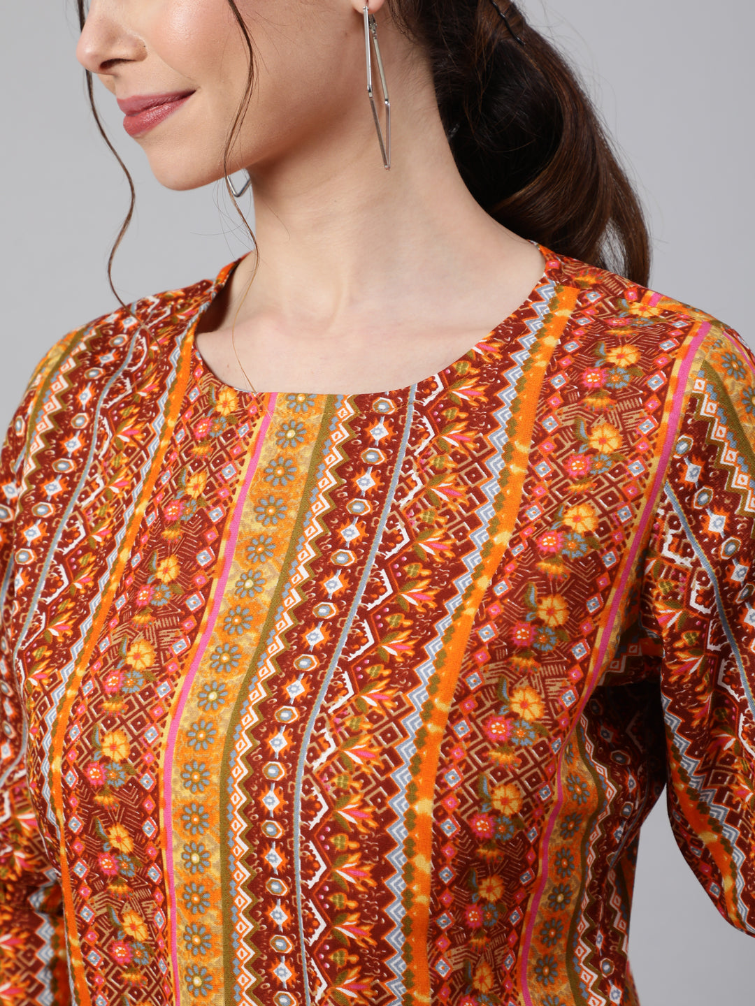 SAK Jaipur Women Printed Rayon 3/4 sleeve Round Neck Top (Orange)