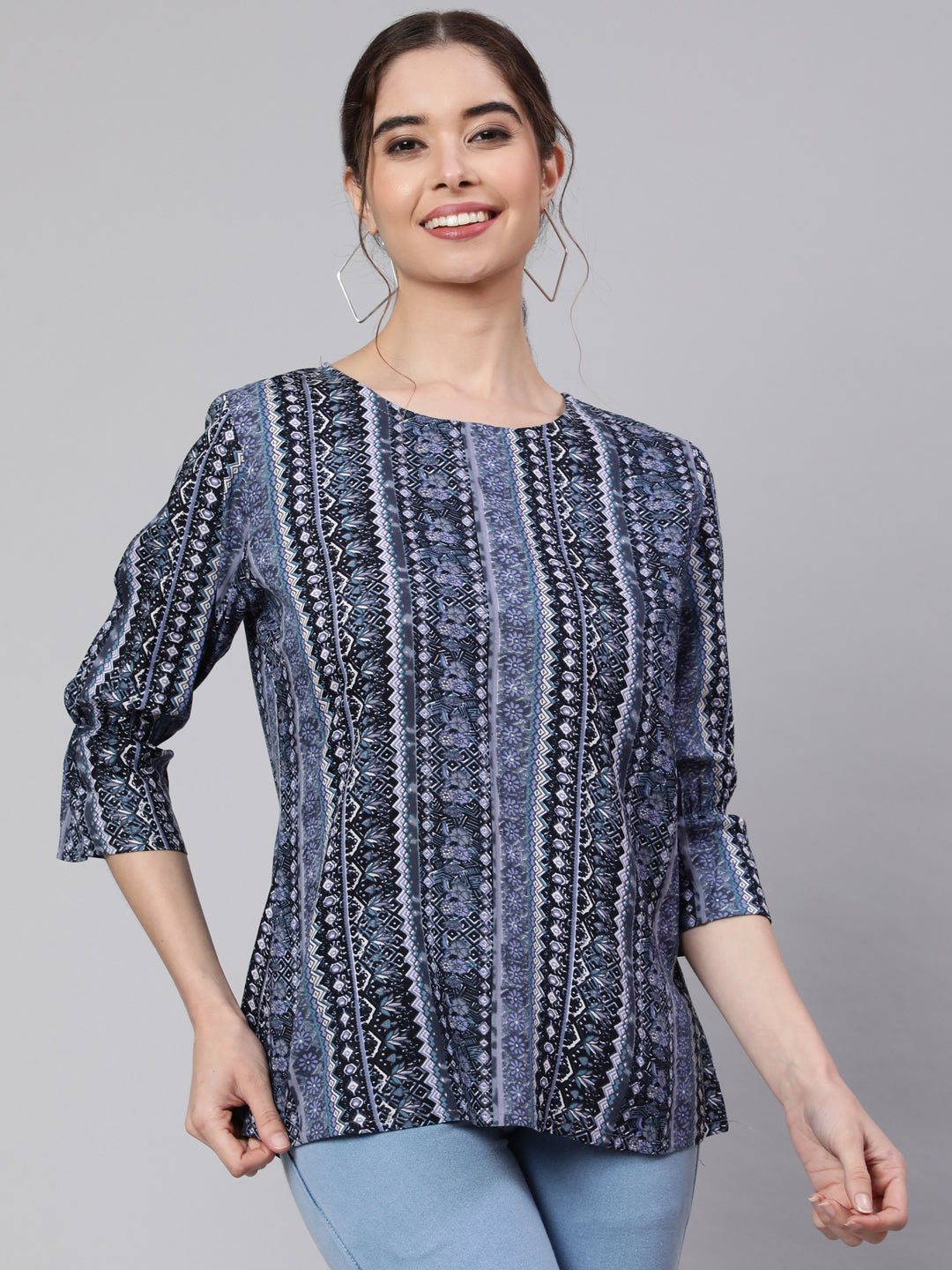 SAK Jaipur Women Printed Rayon 3/4 sleeve Round Neck Top (Blue)