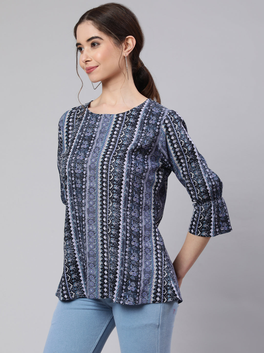 SAK Jaipur Women Printed Rayon 3/4 sleeve Round Neck Top (Blue)