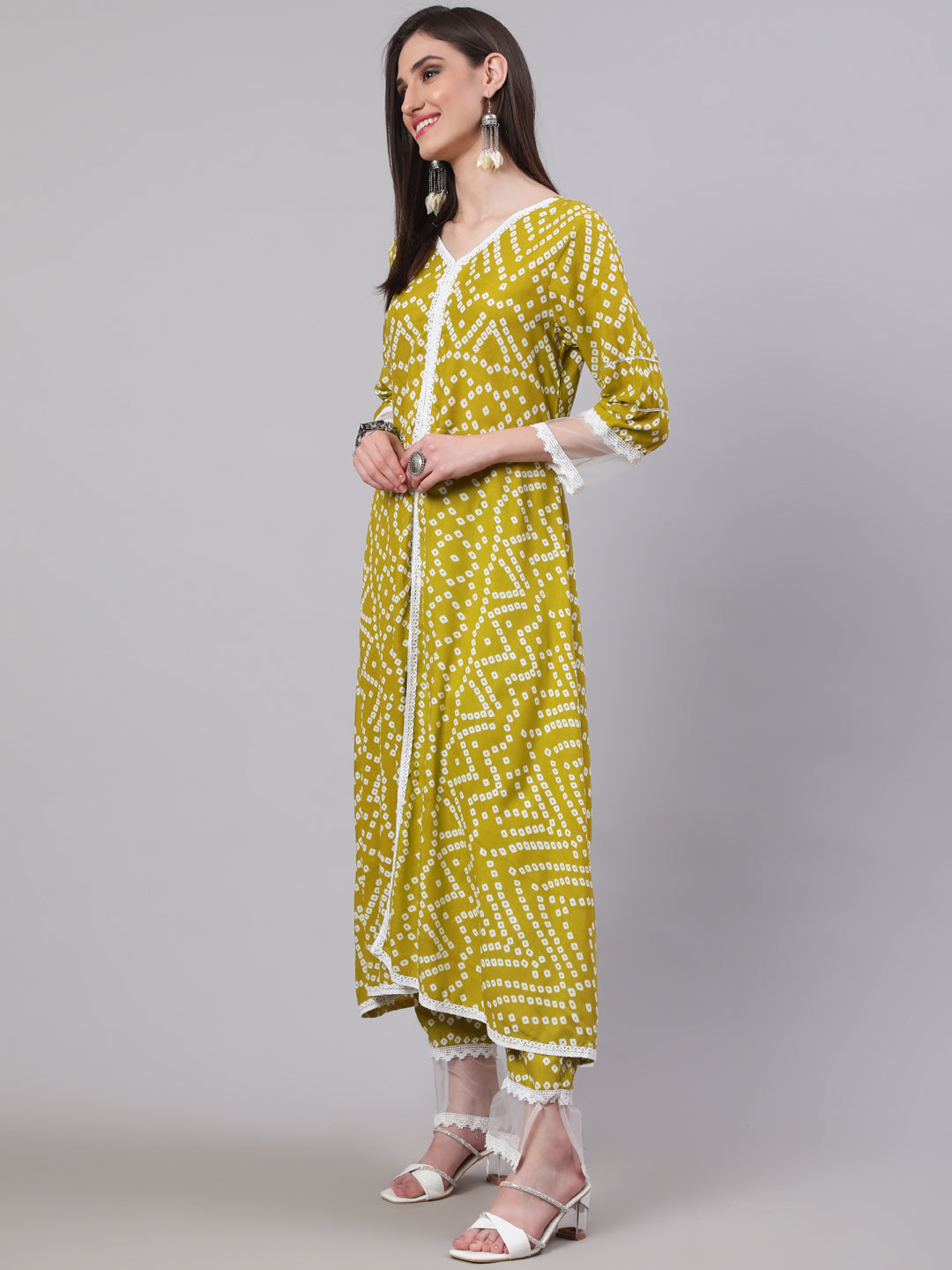 SAK Jaipur Women Printed 3/4 Sleeves V-Neck Rayon Calf Length Kurta Palazzo And Dupatta Set (Mustard)