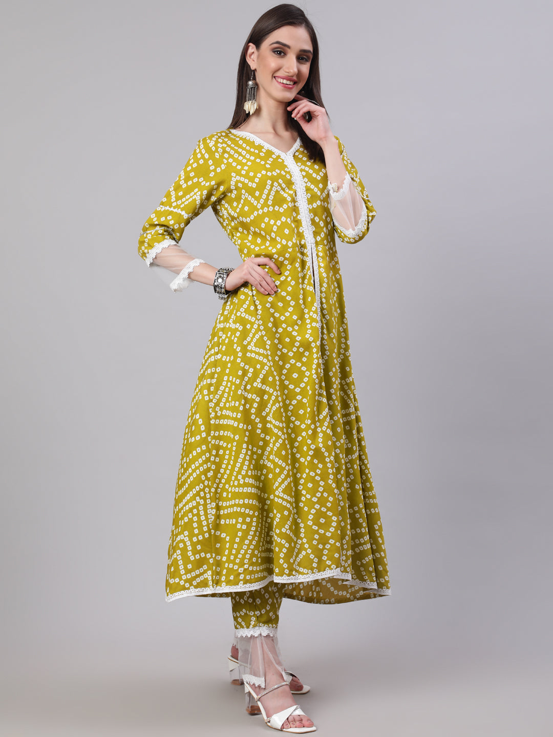 SAK Jaipur Women Printed 3/4 Sleeves V-Neck Rayon Calf Length Kurta Palazzo And Dupatta Set (Mustard)