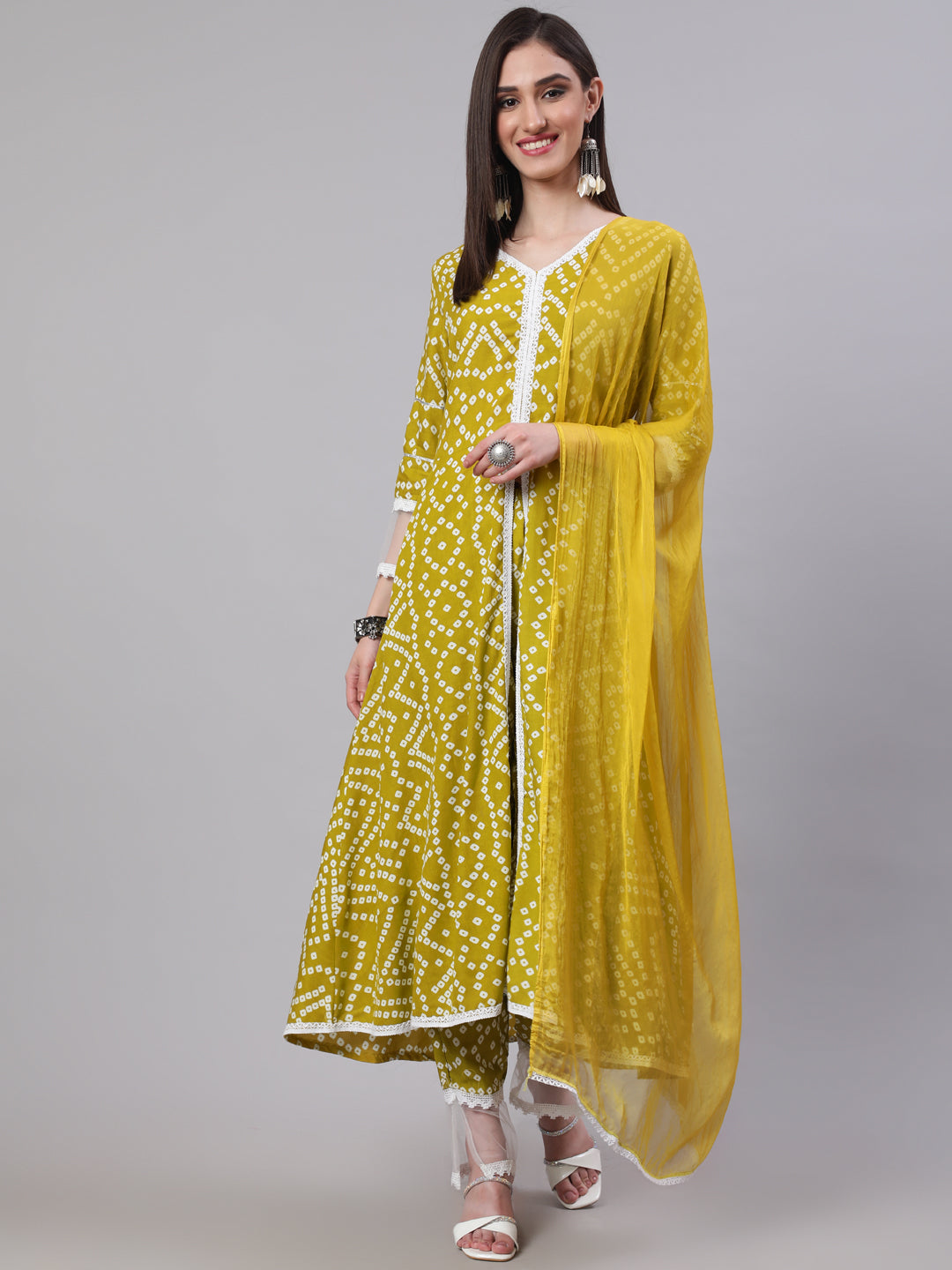 SAK Jaipur Women Printed 3/4 Sleeves V-Neck Rayon Calf Length Kurta Palazzo And Dupatta Set (Mustard)