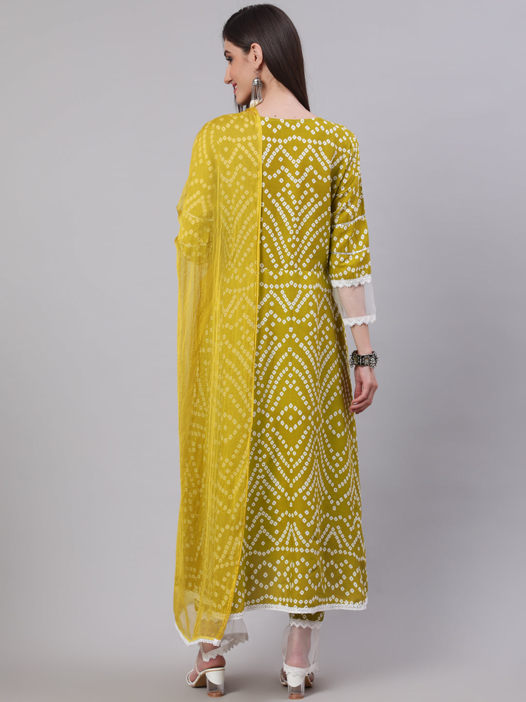 SAK Jaipur Women Printed 3/4 Sleeves V-Neck Rayon Calf Length Kurta Palazzo And Dupatta Set (Mustard)