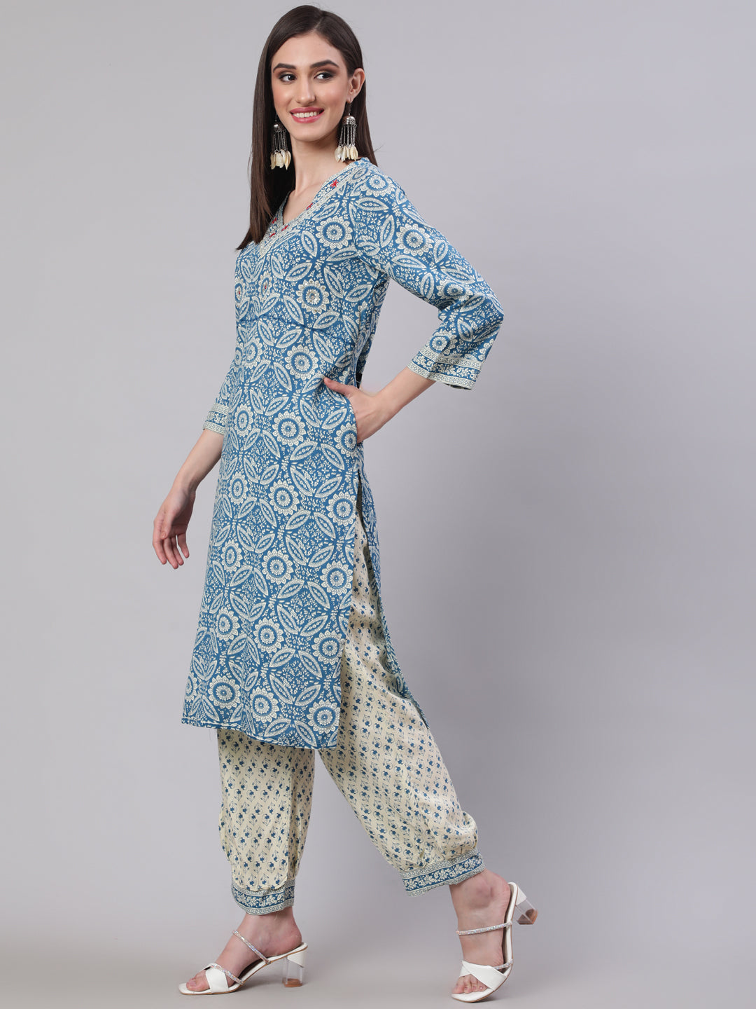 SAK Jaipur Women Printed 3/4 Sleeves V-Neck Rayon Calf Length Kurta Palazzo And Dupatta Set (Blue)