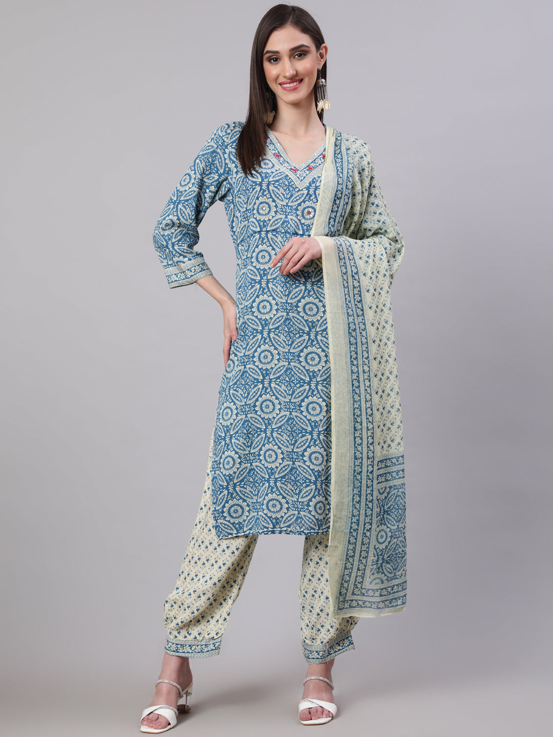 SAK Jaipur Women Printed 3/4 Sleeves V-Neck Rayon Calf Length Kurta Palazzo And Dupatta Set (Blue)