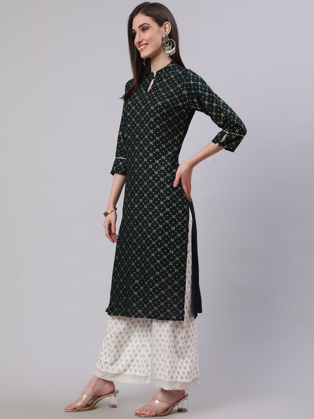 SAK Jaipur Women Printed 3/4 Sleeves Keyhole Neck Rayon Calf Length Kurta Palazzo Set (Darkgreen)