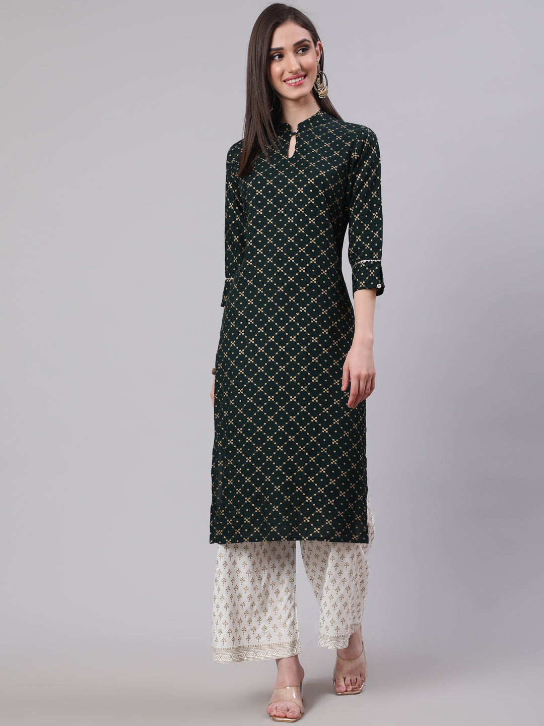 SAK Jaipur Women Printed 3/4 Sleeves Keyhole Neck Rayon Calf Length Kurta Palazzo Set (Darkgreen)