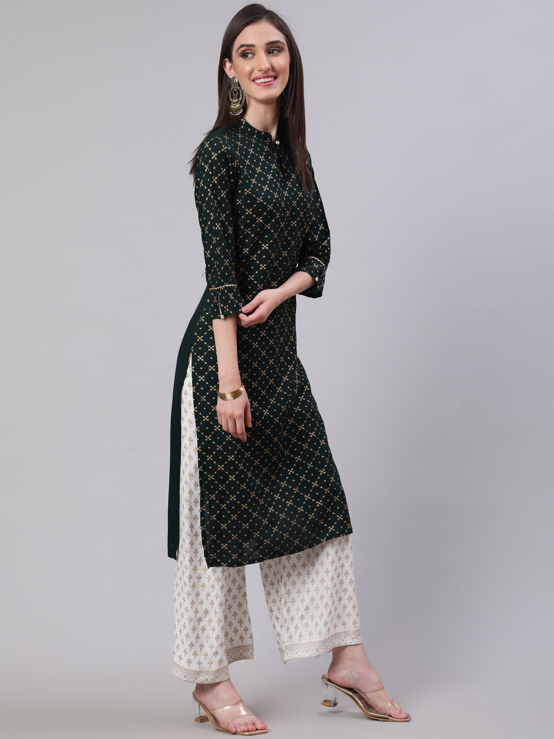 SAK Jaipur Women Printed 3/4 Sleeves Keyhole Neck Rayon Calf Length Kurta Palazzo Set (Darkgreen)