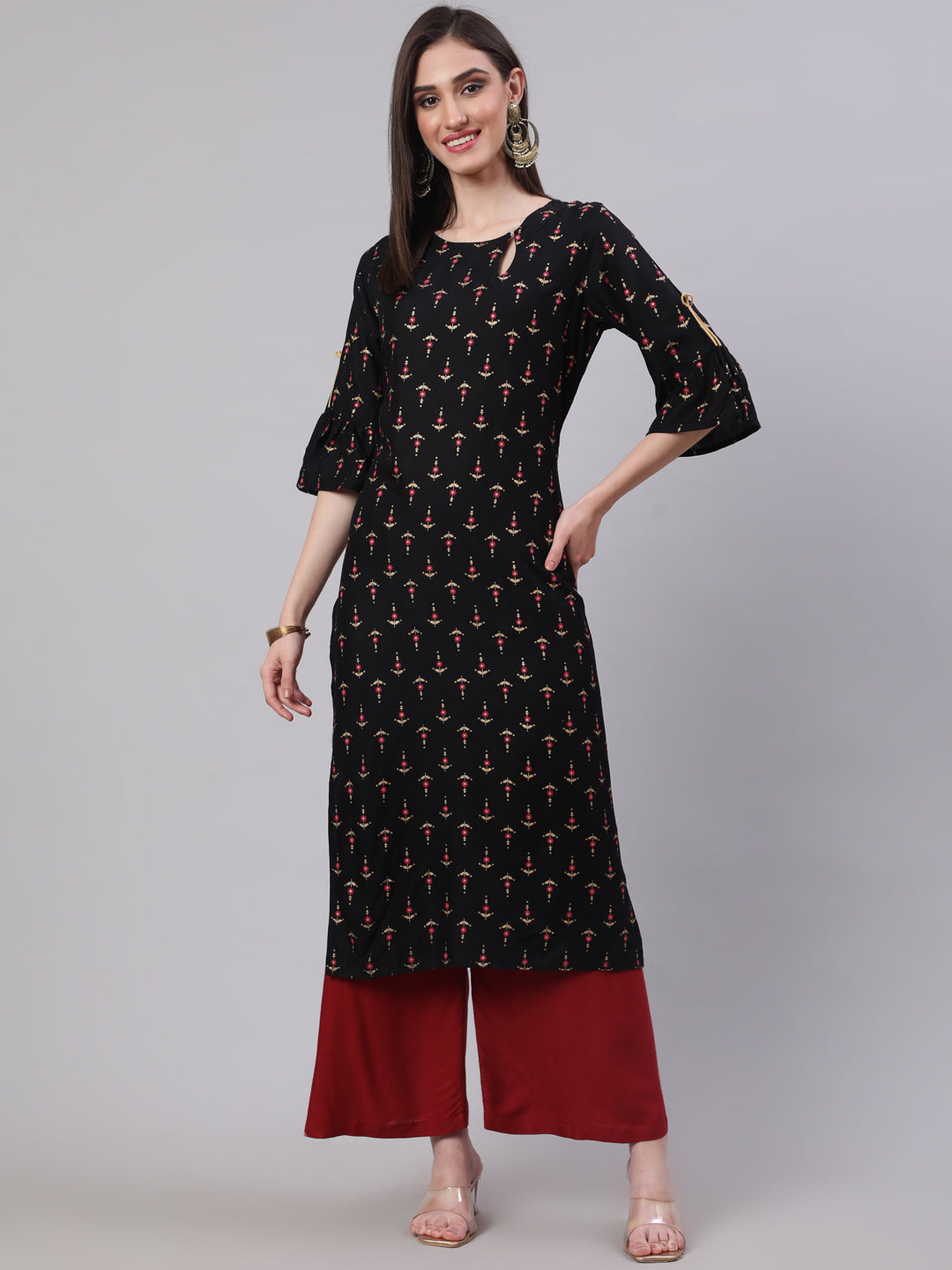 SAK Jaipur Women Printed 3/4 Sleeves Keyhole Neck Rayon Calf Length Kurta Palazzo Set (Black)