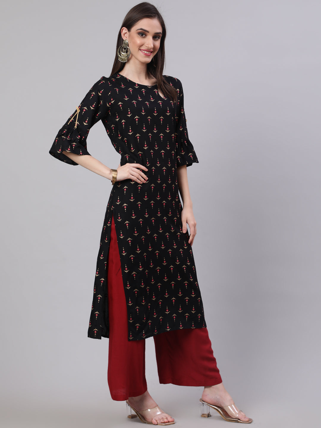 SAK Jaipur Women Printed 3/4 Sleeves Keyhole Neck Rayon Calf Length Kurta Palazzo Set (Black)