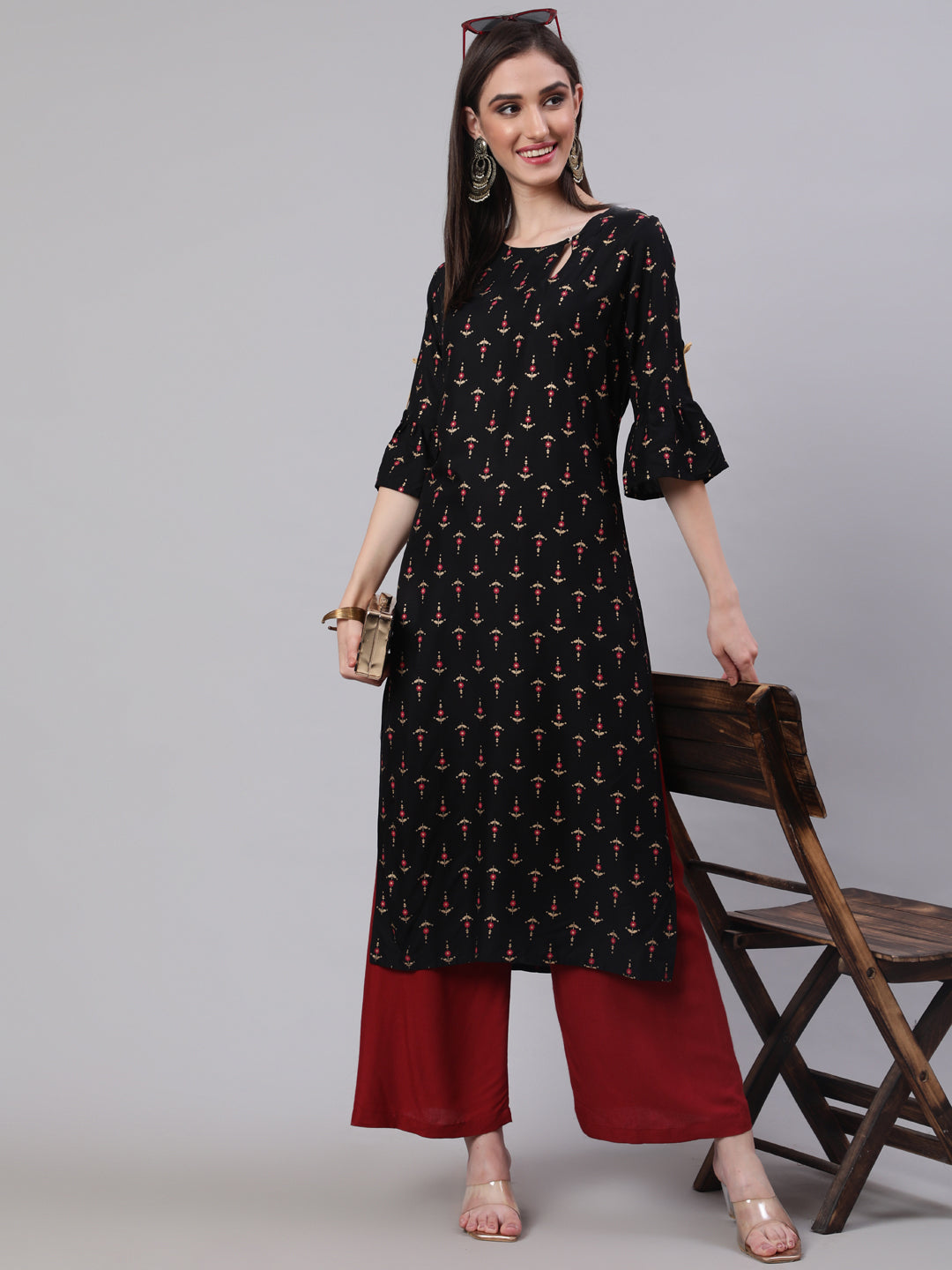 SAK Jaipur Women Printed 3/4 Sleeves Keyhole Neck Rayon Calf Length Kurta Palazzo Set (Black)