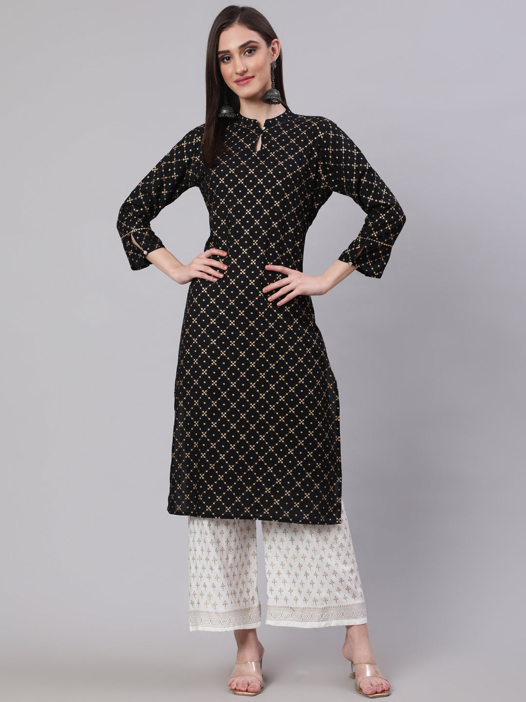 SAK Jaipur Women Printed 3/4 Sleeves Keyhole Neck Rayon Calf Length Kurta Palazzo Set (Black)