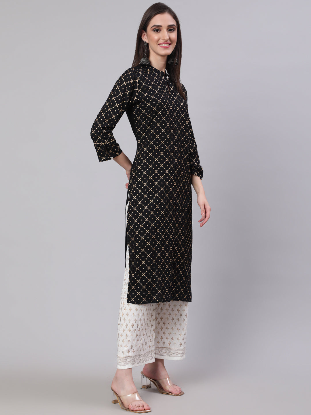 SAK Jaipur Women Printed 3/4 Sleeves Keyhole Neck Rayon Calf Length Kurta Palazzo Set (Black)