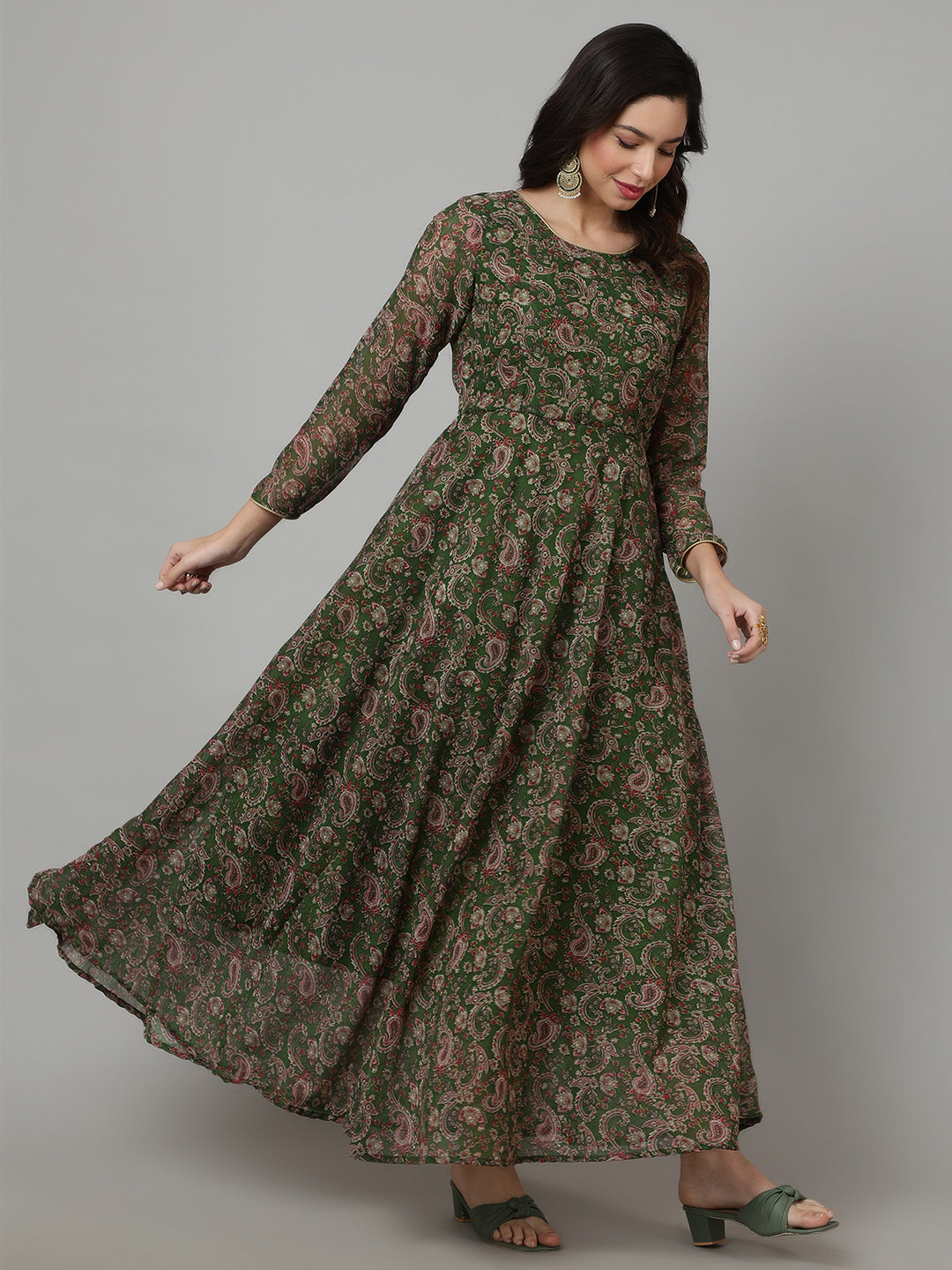 SAK JAIPUR Floral Printed Georgette Anarkali Maxi Ethnic Dress With Dupatta