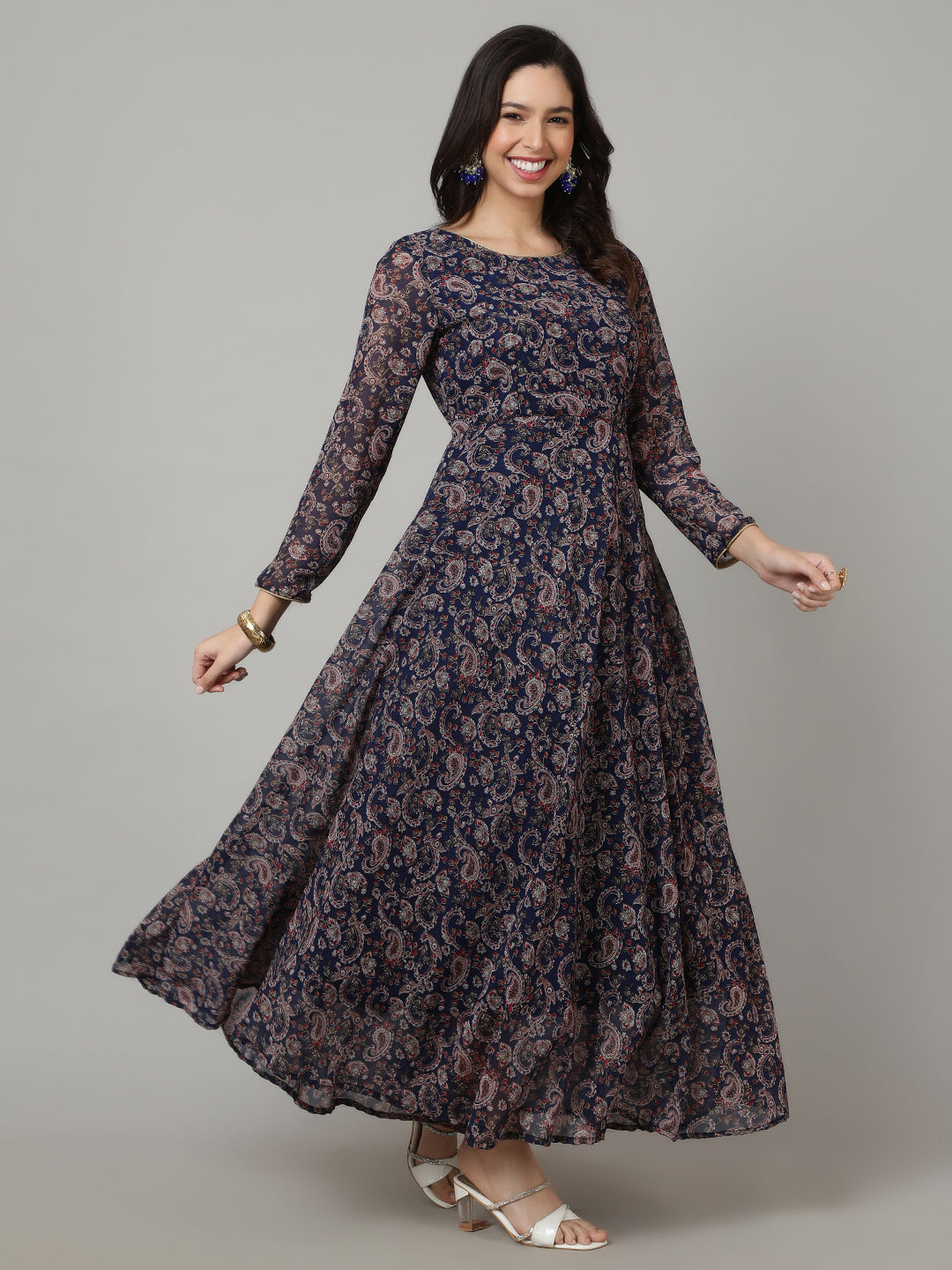 SAK JAIPUR Floral Printed Georgette Anarkali Maxi Ethnic Dress With Dupatta