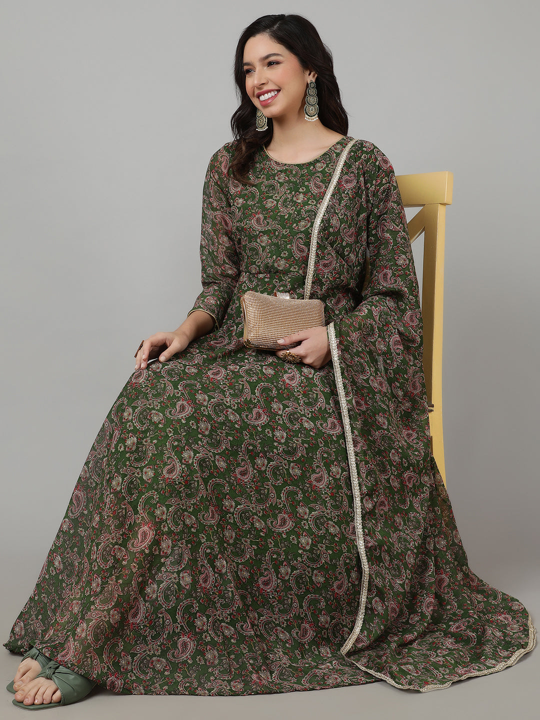 SAK JAIPUR Floral Printed Georgette Anarkali Maxi Ethnic Dress With Dupatta