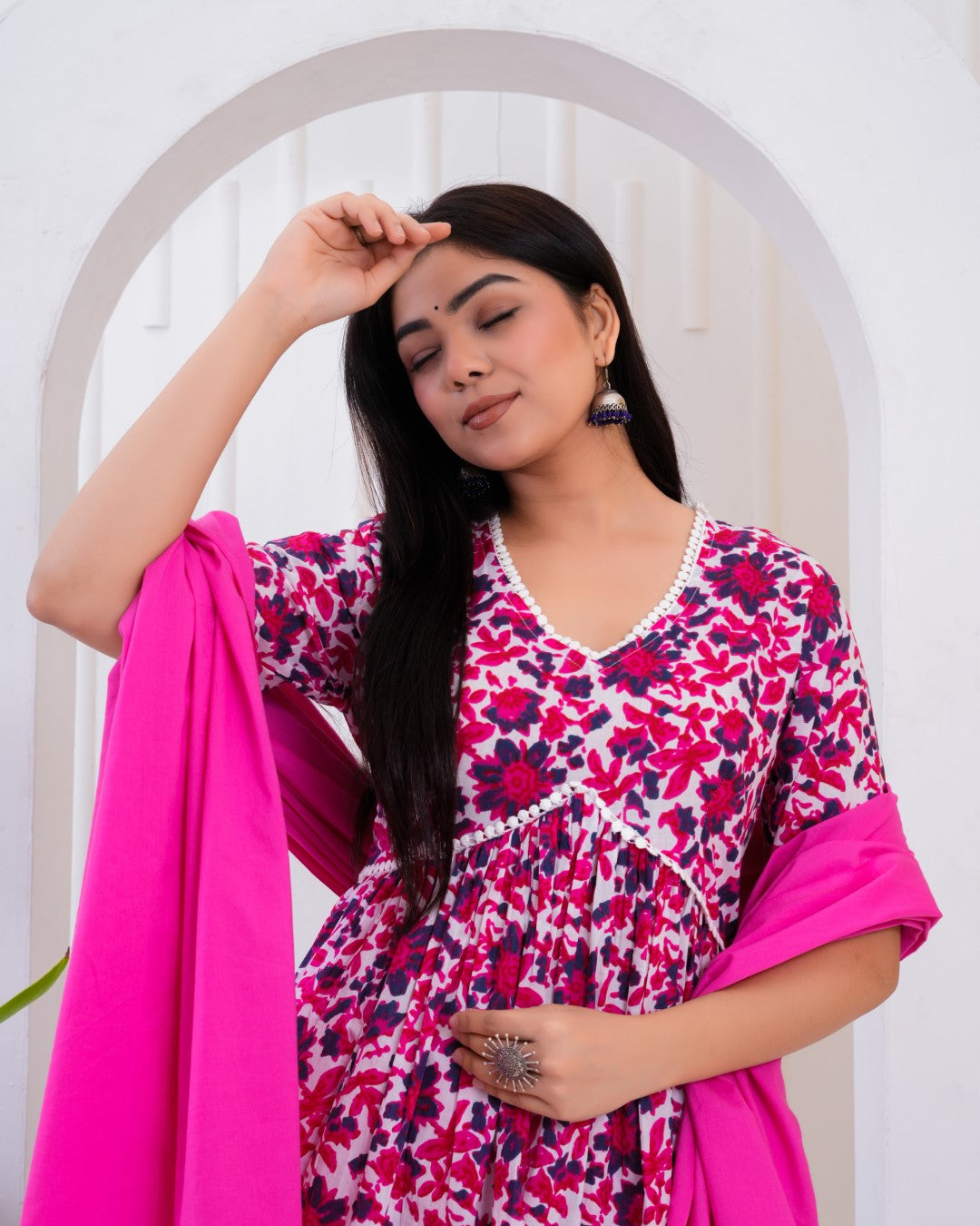 Pink Printed Cotton Straight Kurta and Palazzos set with Dupatta.