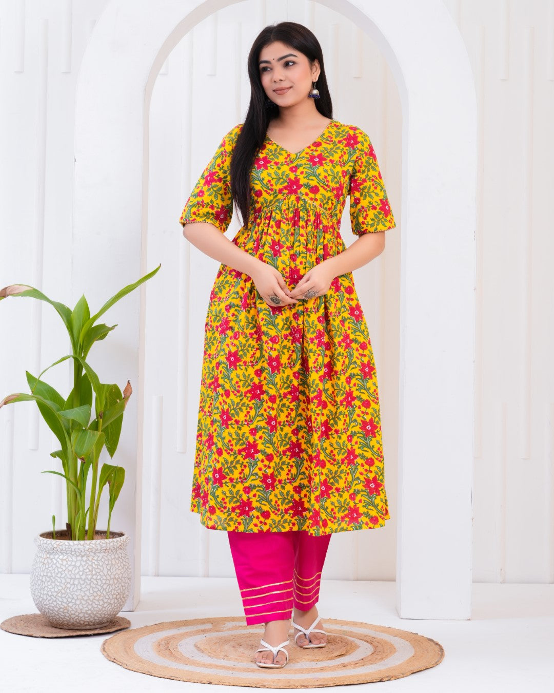 Yellow and Pink Printed Kurta and Palazzos set with Dupatta.