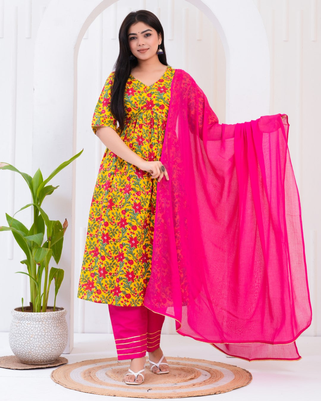 Yellow and Pink Printed Kurta and Palazzos set with Dupatta.