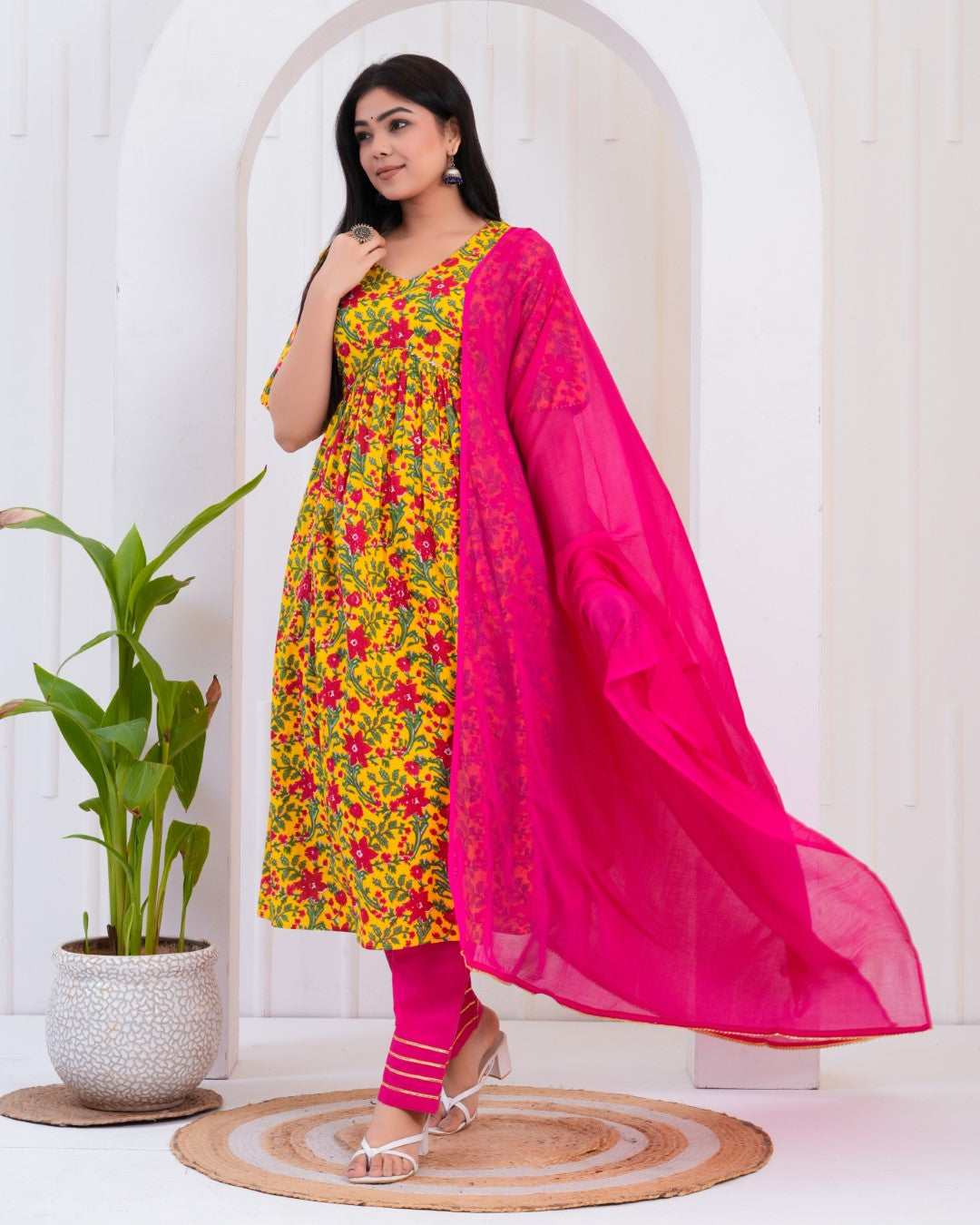 Yellow and Pink Printed Kurta and Palazzos set with Dupatta.