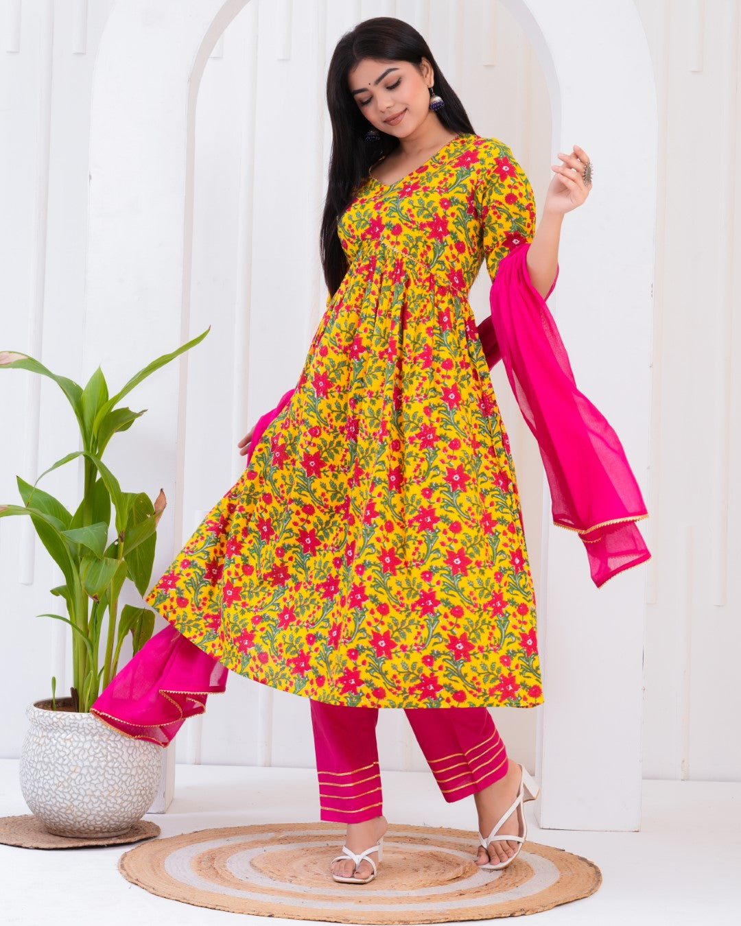 Yellow and Pink Printed Kurta and Palazzos set with Dupatta.