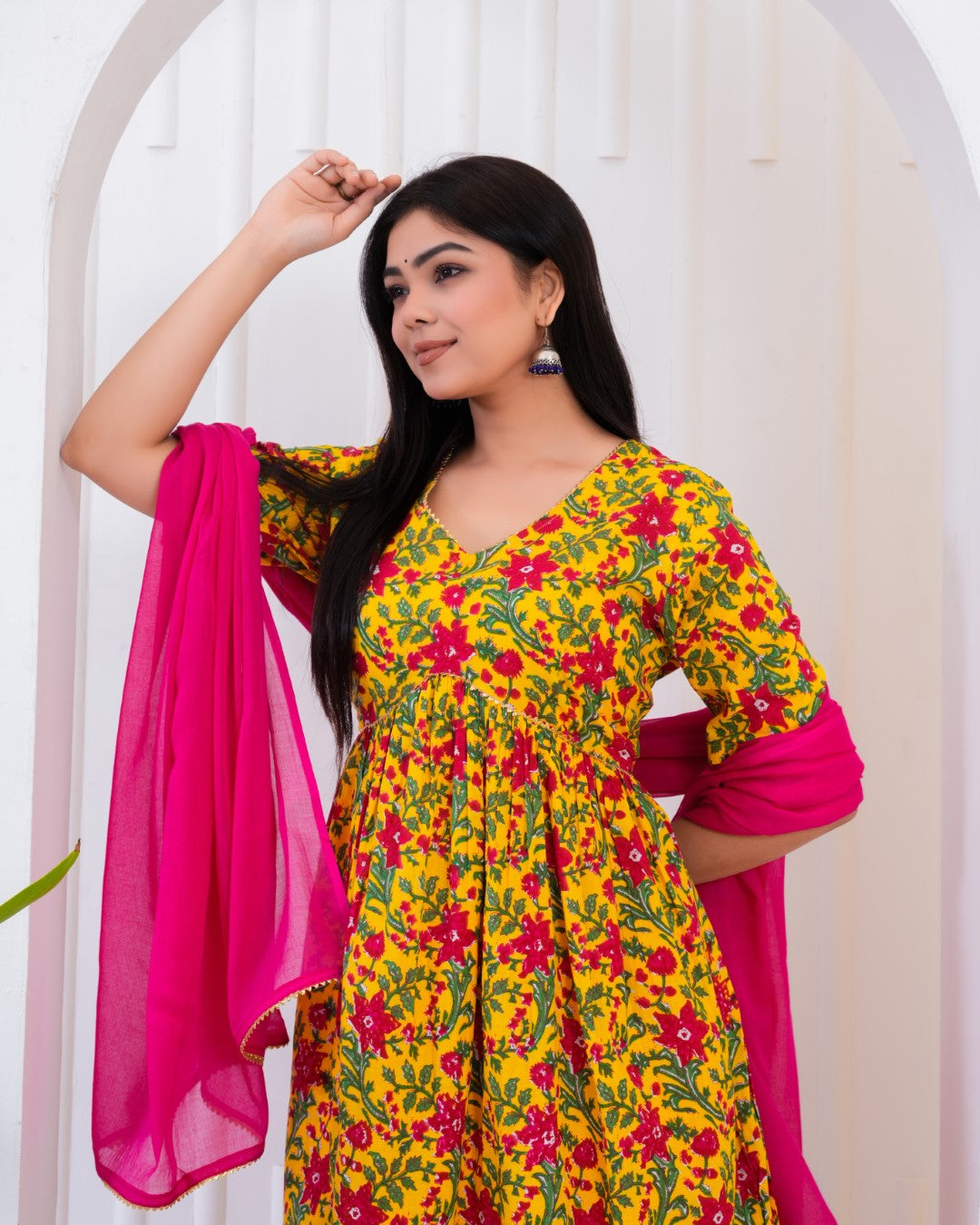 Yellow and Pink Printed Kurta and Palazzos set with Dupatta.