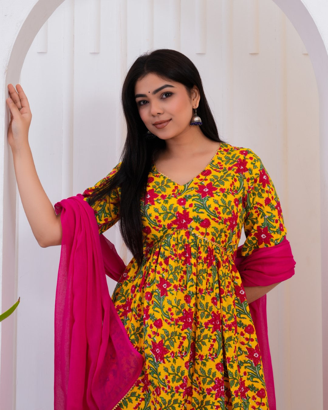 Yellow and Pink Printed Kurta and Palazzos set with Dupatta.